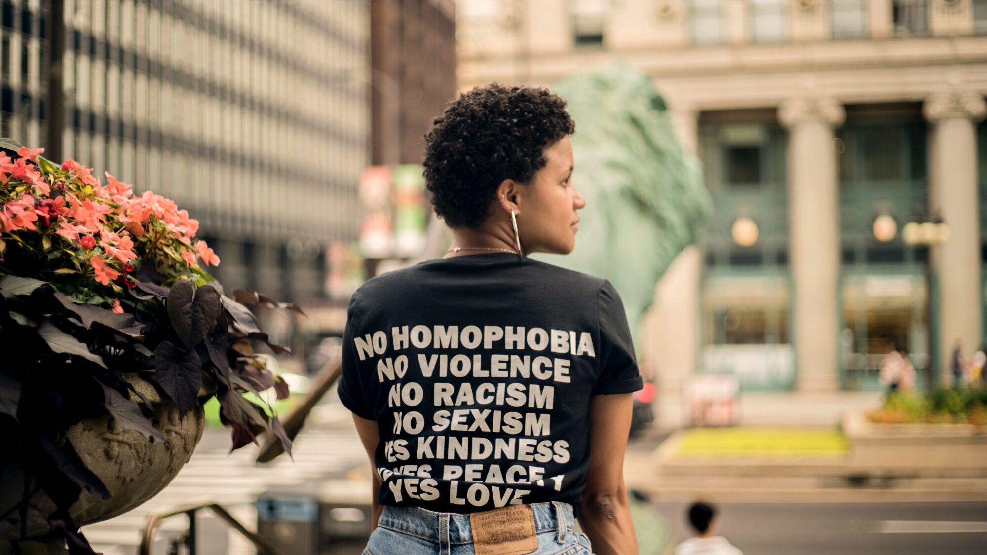 Woman wearing shirt advocating for equality